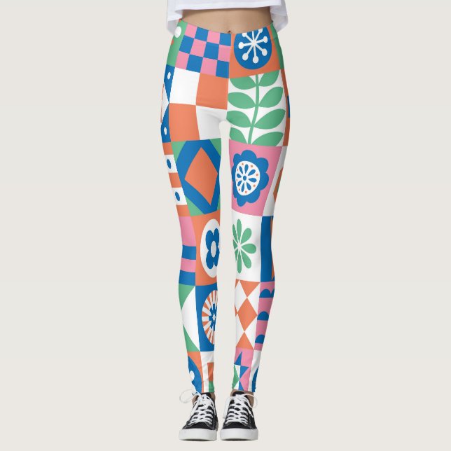 Abstrakt Blommigt Scandinavian Folk Mönster Leggings (Framsida)