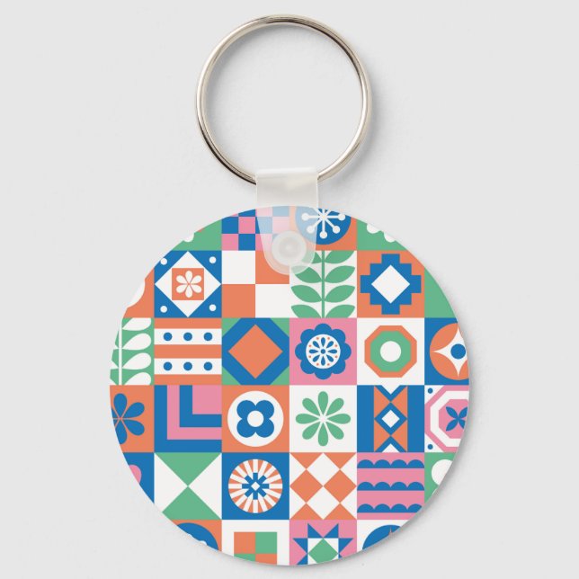 Abstrakt Blommigt Scandinavian Folk Mönster Nyckelring (Framsida)