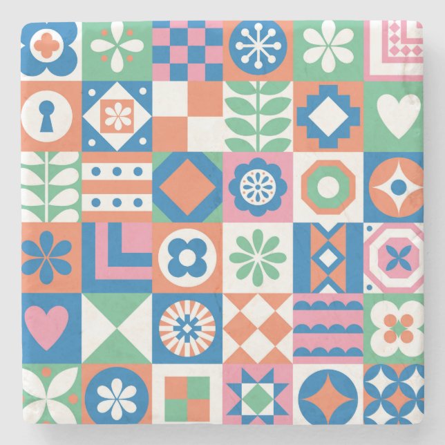 Abstrakt Blommigt Scandinavian Folk Mönster Stenunderlägg (Framsidan)