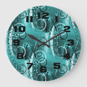 Abstrakt Blommigt Swirl Vines Aqua Blue Girly Gift Stor Klocka