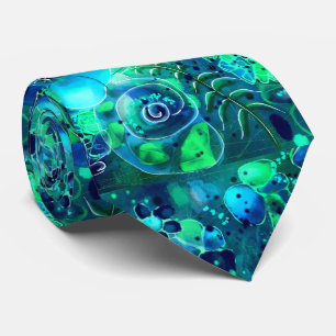 Abstrakt Blommigt Teal Blue Grönt Botaniskt Löv Slips