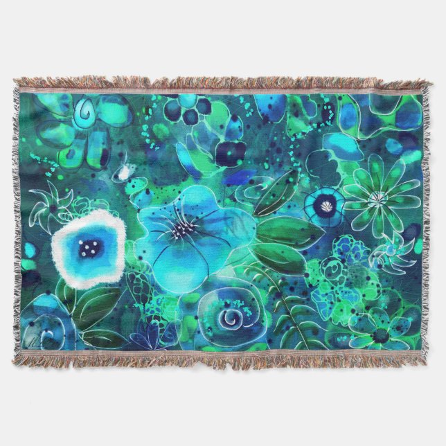 Abstrakt Blommigt Teal Blue Grönt Flower Flowers Filt (Framsidan)