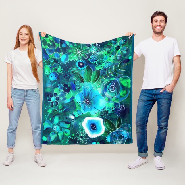 Abstrakt Blommigt Teal Blue Grönt Flower Flowers Fleecefilt (På plats)