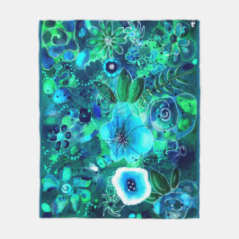 Abstrakt Blommigt Teal Blue Grönt Flower Flowers Fleecefilt