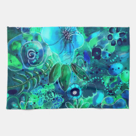 Abstrakt Blommigt Teal Blue Grönt Flower Flowers Kökshandduk