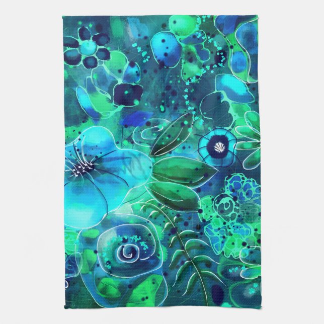 Abstrakt Blommigt Teal Blue Grönt Flower Flowers Kökshandduk (Vertikal)