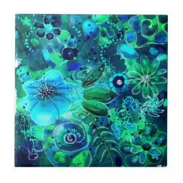 Abstrakt Blommigt Teal Blue Grönt Löv Flowers Kakelplatta
