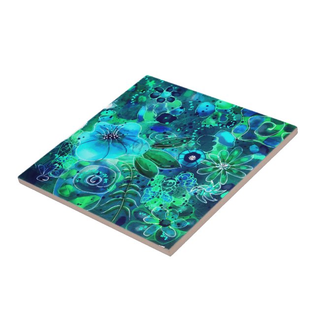 Abstrakt Blommigt Teal Blue Grönt Löv Flowers Kakelplatta (Sidan)
