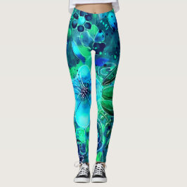Abstrakt Blommigt Teal Blue Grönt Löv Flowers Leggings