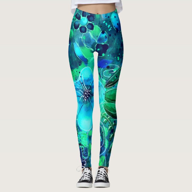 Abstrakt Blommigt Teal Blue Grönt Löv Flowers Leggings (Framsida)