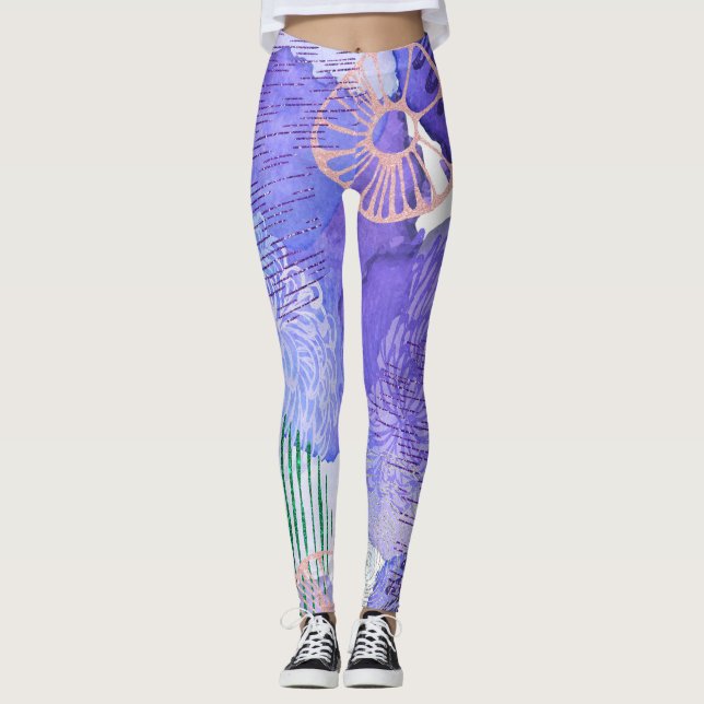 Abstrakt blommigt, tryckt lila leggings (Framsida)
