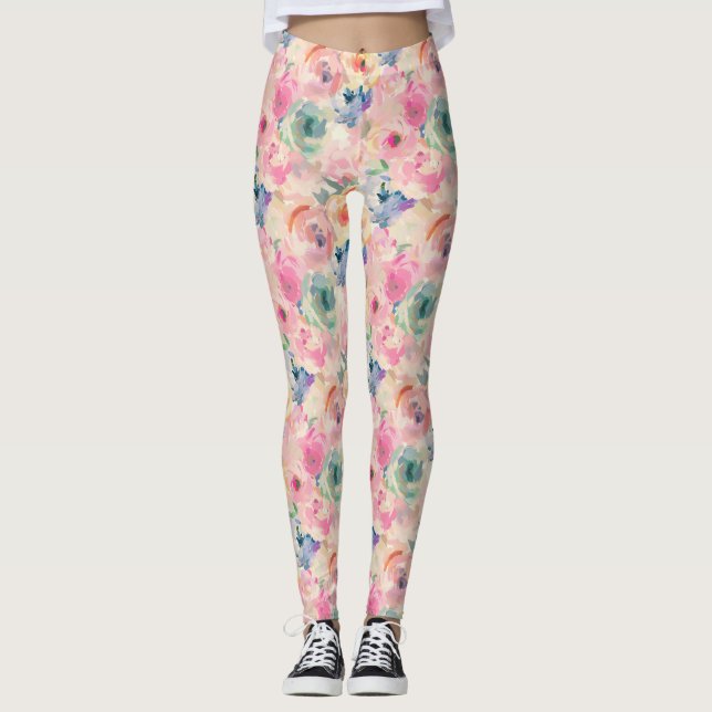 Abstrakt Blommönstret Färgfylld pastellblomma Leggings (Framsida)