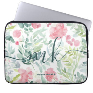 Abstrakt Blommor för vattenfärgkoral Rosa Monogram Laptop Fodral