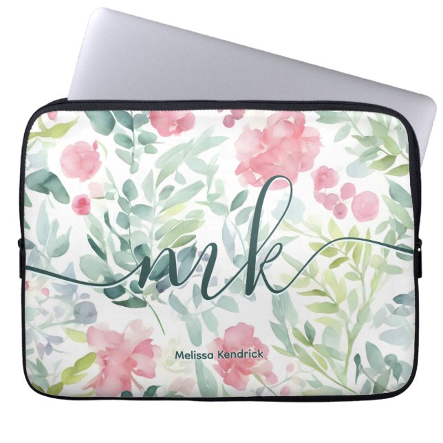 Abstrakt Blommor för vattenfärgkoral Rosa Monogram Laptop Fodral (Framsidan)