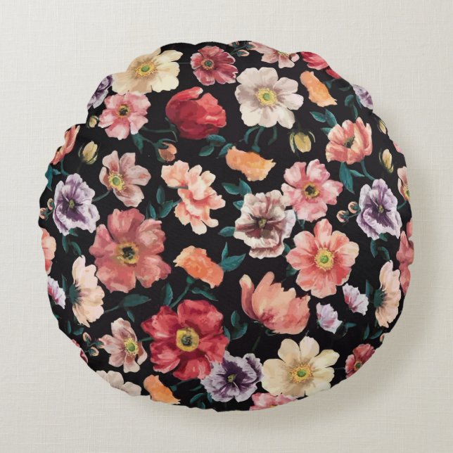 abstrakt blommor fullt arrangemang, överallt  rund kudde (Framsidan)