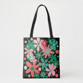 Abstrakt blommor i grönt, koral och rosa. tygkasse