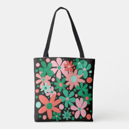 Abstrakt blommor i grönt, koral och rosa. tygkasse