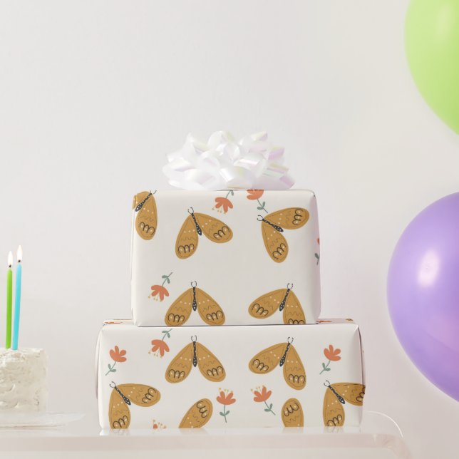 abstrakt blommor och fjäril på mjuk gult boho presentpapper (Festgåvor)