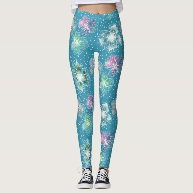 Abstrakt blommor på vackra ljusblå toner leggings (Framsida)