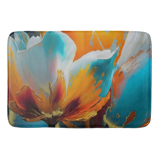 Abstrakt blomning i orange och teal badrumsmatta (Framsidan)