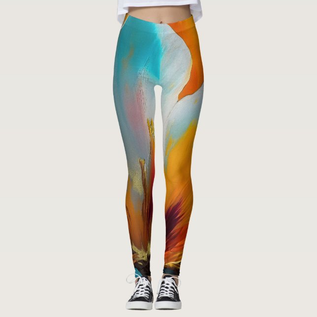Abstrakt blomning i orange och teal leggings (Framsida)
