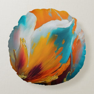 Abstrakt blomning i orange och teal rund kudde