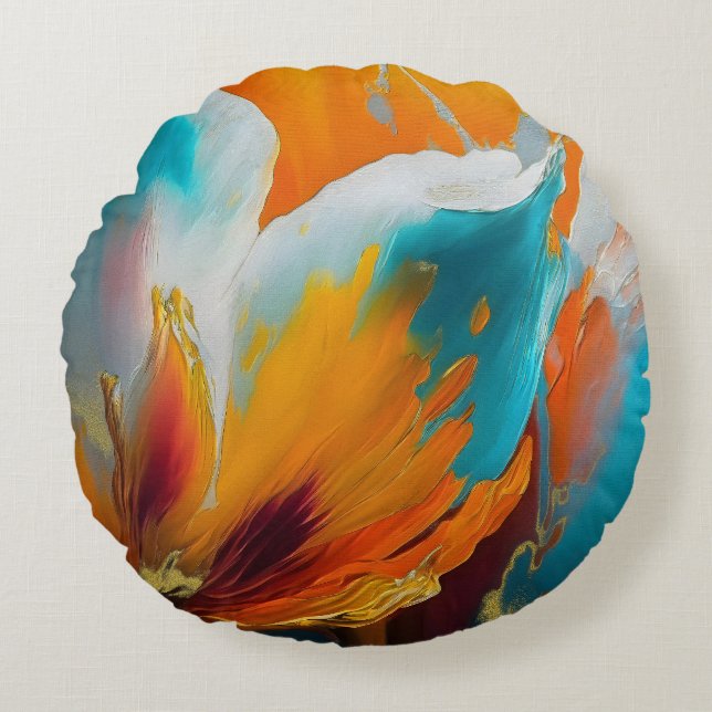 Abstrakt blomning i orange och teal rund kudde (Framsidan)