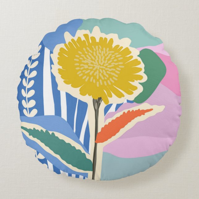 Abstrakt blomster maskros färgblock modern  rund kudde (Framsidan)