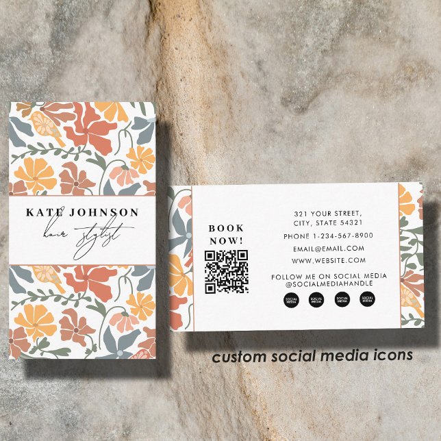 Abstrakt blomster Mid Century Salong Frisör Visitkort (Abstract Floral Mid Century Salon Hair Stylist Business Card)