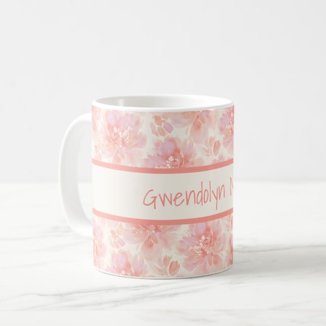 Abstrakt blomster vattenfärg mönster persika och r kaffemugg (Framsida vänster)