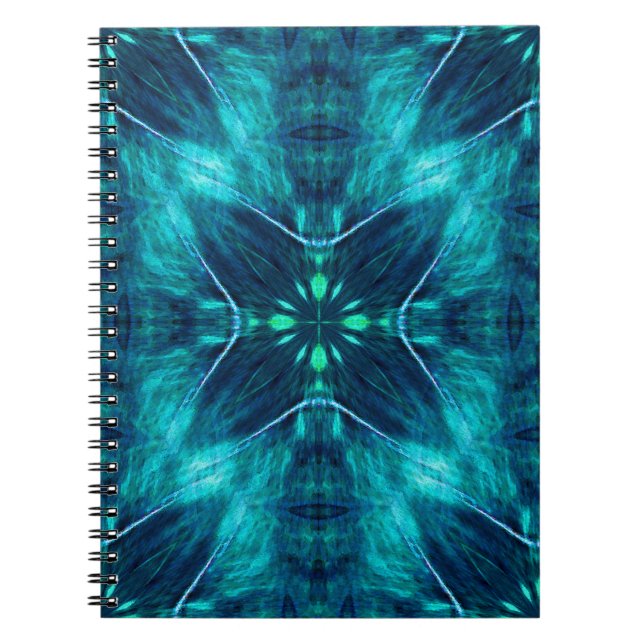 Abstrakt Bloom Aqua och Blue Fractal Design Anteckningsbok Med Spiral (Framsidan)