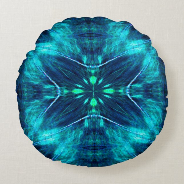 Abstrakt Bloom Aqua och Blue Fractal Design Rund Kudde (Framsidan)