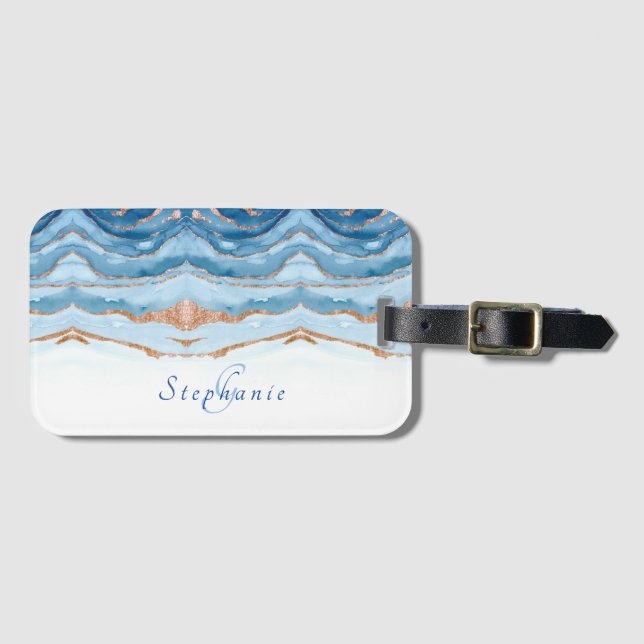 Abstrakt Blue Agate Monogram Glitter Elegant Chic Bagagebricka (Framsida horisontal)