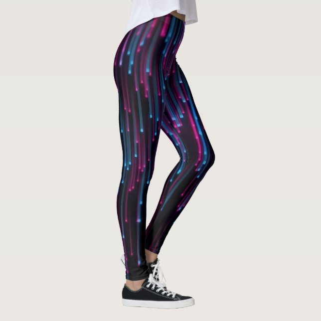 Abstrakt Blue and Lila Neon Linjer on Black Leggings (Höger)