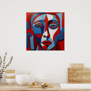 Abstrakt Blue and Red Ansikte Art Poster