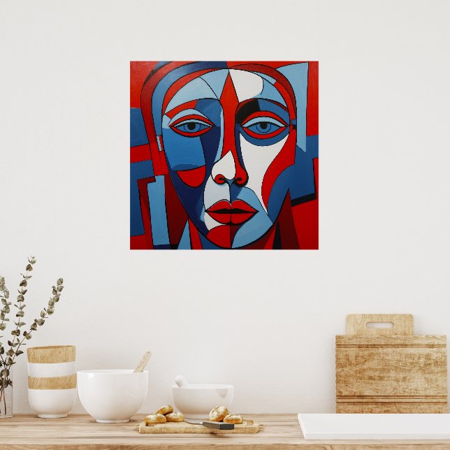 Abstrakt Blue and Red Ansikte Art Poster (Kök)