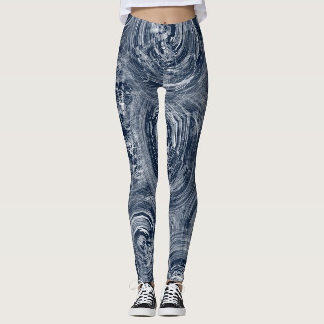 Abstrakt Blue and White Swirl Mönster Leggings (Framsida)