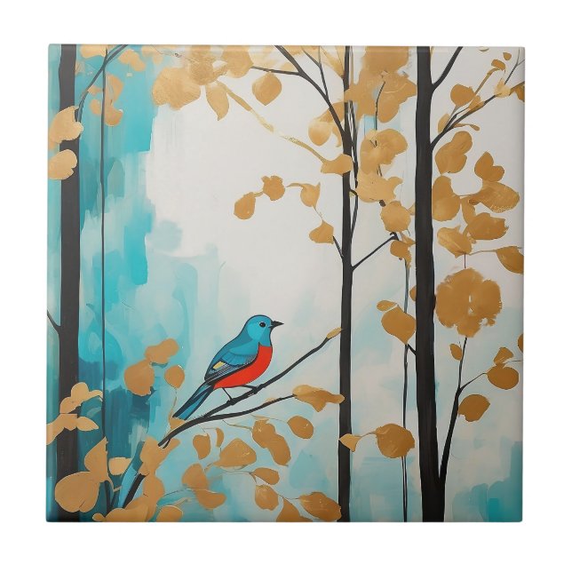 Abstrakt Blue Bird in Autumn Golden Lövs Forest Kakelplatta (Framsidan)