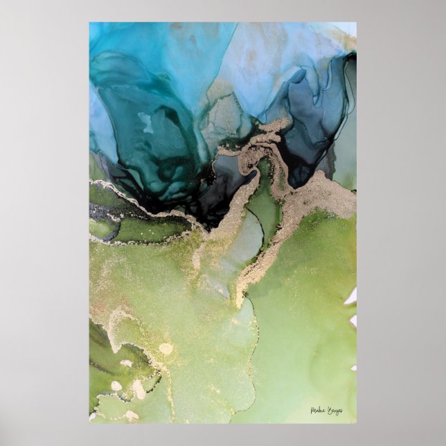 Abstrakt Blue Black Grönt Guld Poster (Framsidan)