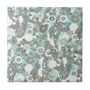 Abstrakt Blue Brown Flowers Kakelplatta
