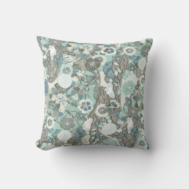 Abstrakt Blue Brown Flowers Kudde (Framsida)
