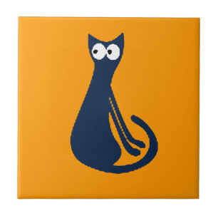 Abstrakt Blue Cat på Gult Kakelplatta