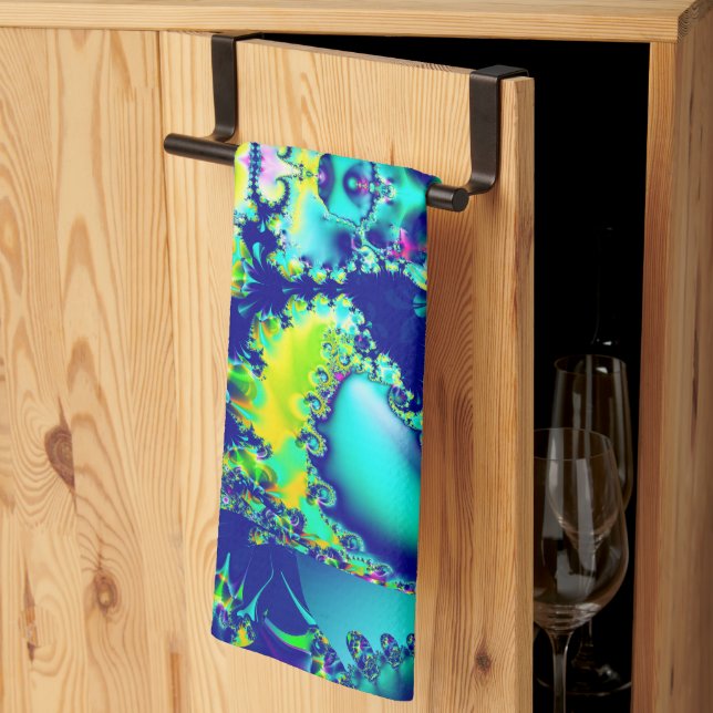 Abstrakt Blue Cyan Grönt Fractal Kökshandduk (Thirds Fold)