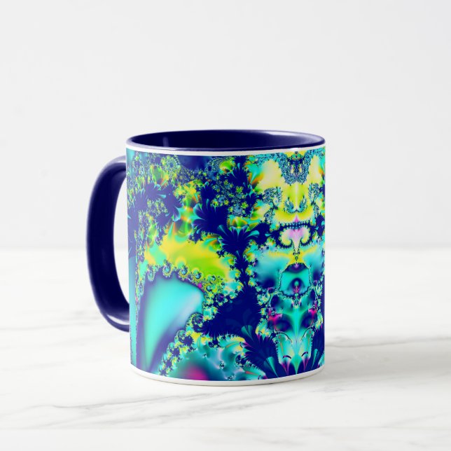 Abstrakt Blue Cyan Grönt Fractal Mugg (Framsida vänster)