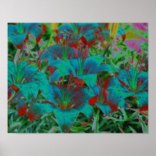 Abstrakt Blue Daylilies Raindros Flower Poster