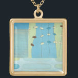 Abstrakt Blue Egg Parad Guldpläterat Halsband<br><div class="desc">Blå,  vita och bruna ägg parad på strängar i denna abstrakt målning senast i juni Erica Vess. Biet är uppdelat i olika paneler och har olika blå nyanser i bakgrunden och grönt. Hitta dina favoriter idag!</div>