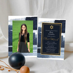 Abstrakt Blue Gilded Photo Bat mitzvah Inbjudningar
