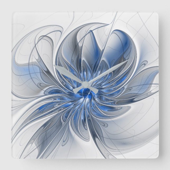 Abstrakt Blue Grått Watercolor Fractal Art Flower Fyrkantig Klocka (Framsida)