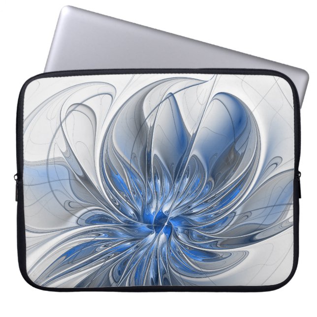 Abstrakt Blue Grått Watercolor Fractal Art Flower Laptop Fodral (Framsidan)