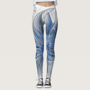 Abstrakt Blue Grått Watercolor Fractal Art Flower Leggings